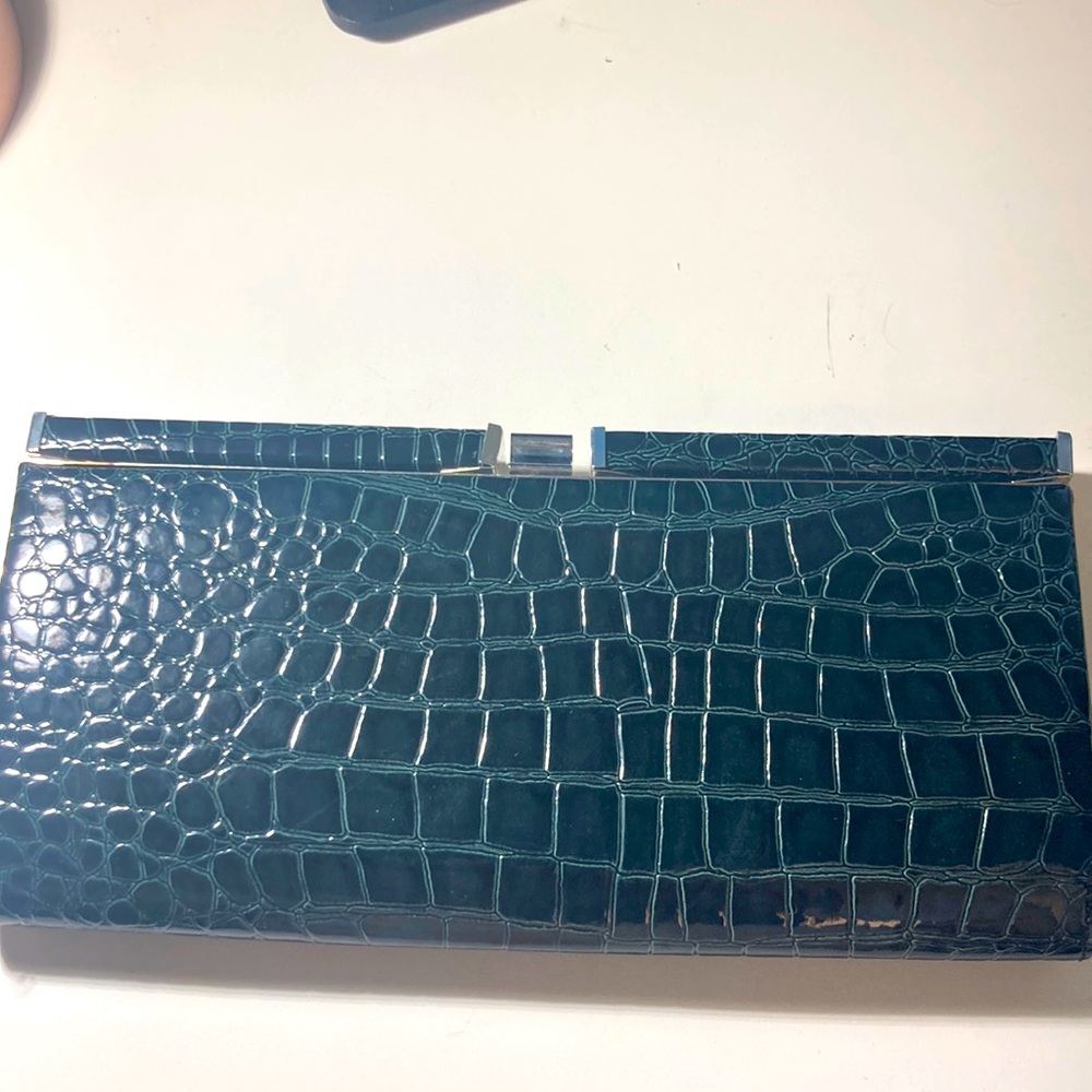 Green faux alligator leather clutch